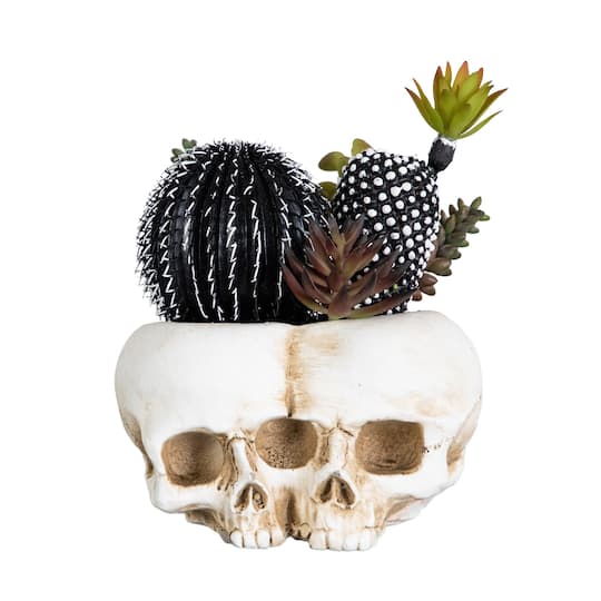 8" Artificial Halloween Succulent Garden in Double Skull Planter By Nearly Natural in Black | 6.5" x 6" x 8" | Michaels®